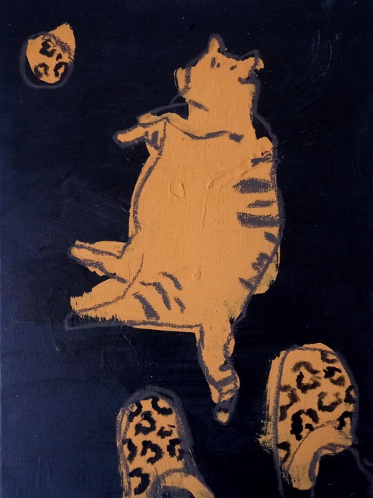 #4/24 Tiger cat on a black background Pittura, 15,8x11,8 in