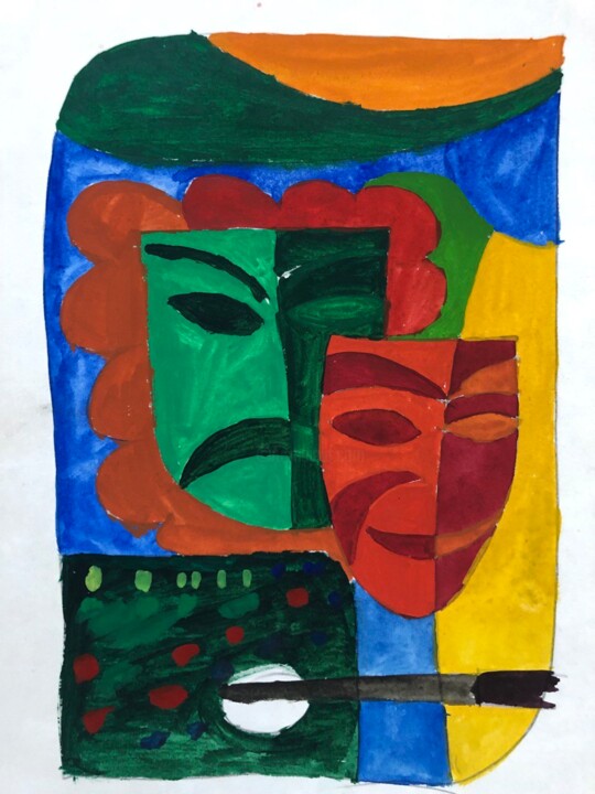 Masks of comedy and tragedy 图画, 11.2x8.1 in