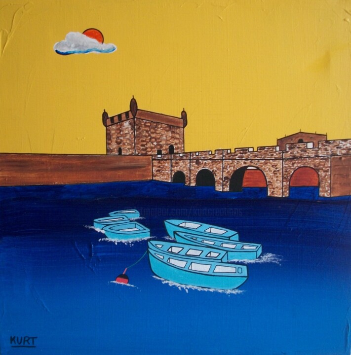 Tableau naif acrylique Essaouira au Maroc Tablo, 15,8x15,8 in