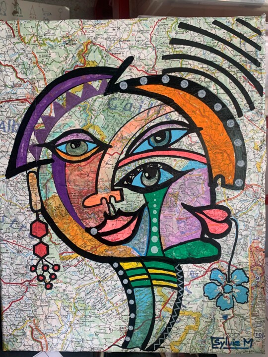 cubisme .peinture et collage carte routière tarn, aveyron 绘画, 16.1x13 in