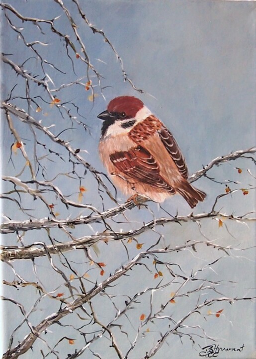 moineau friquet - acrylique sur toile originale signée 绘画, 13x9.5 in