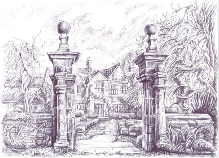 Porte centrale du domaine Holsworth House, Halifax, Angleter Disegno, 11,7x15,9 in