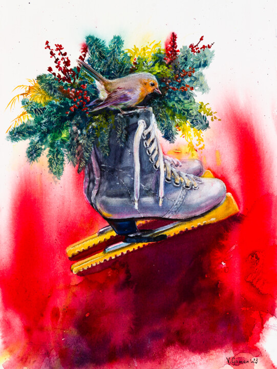 Winter illustration with robin, skates and coniferous bouque 绘画, 15x11 in