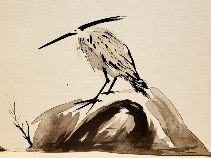 Japanese Heron 绘画, 5.9x7.1 in