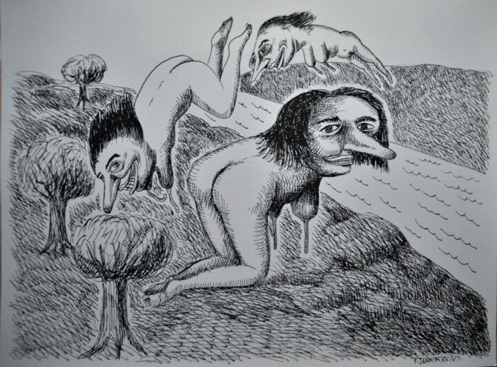 Dessin intitulée "D'une rive à l'autre" par Patrick Jannin, Œuvre d'art originale, Encre
