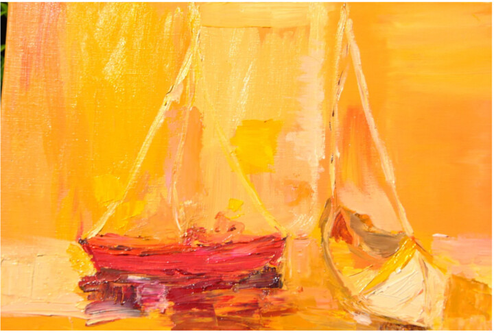 Bateau jaune en mer marocaine Painting, 28.4x37.4 in