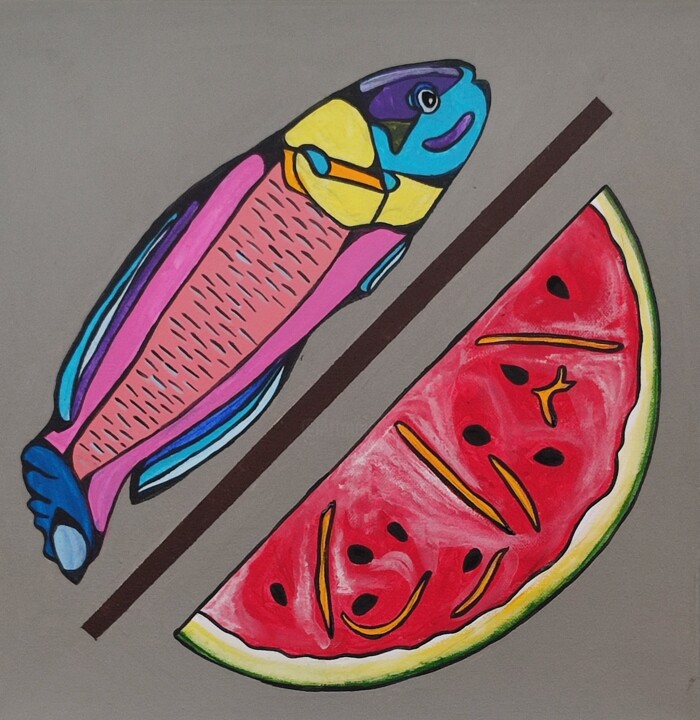Thalassoma lucasanum Vs Watermelon 绘画, 15.8x15.8 in