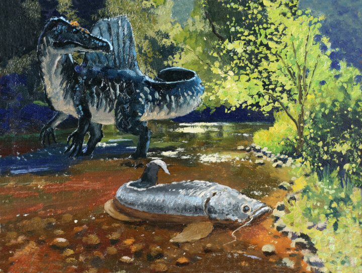 Spinosaurus Luck in Shallow Water 绘画, 7.9x9.8 in