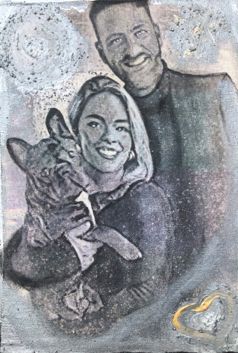 A Christmas Gift - Portrait of a couple with pet 绘画, 11.8x7.9 in