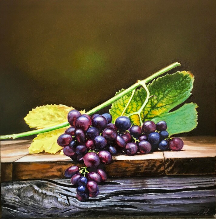 Painting titled "Grapes still life,…" by Tetyana Hamilton, Original Artwork, Oil Mounted on Wood Stretcher frame