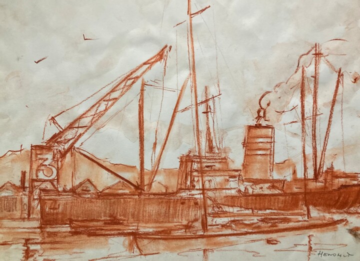 Harbour, crane number 3, steam cargoship and docked yacht Resim, 11,8x15,8 in