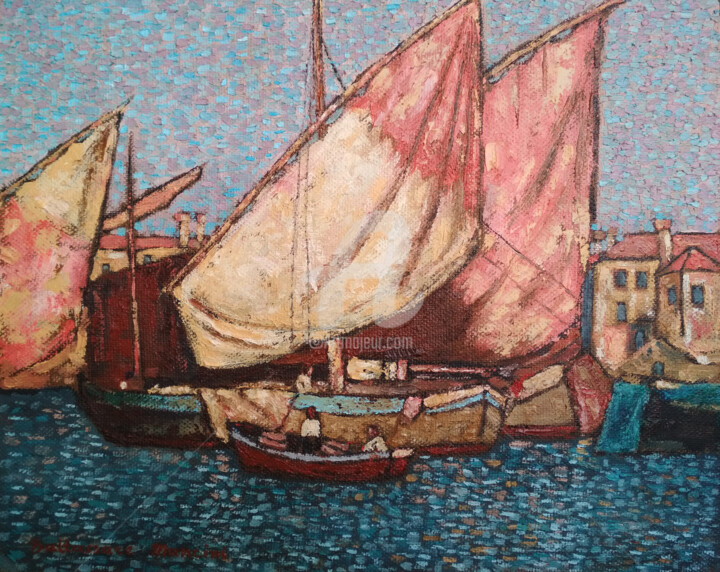 "Fishing Boats in the Harbor" Painting, 15.8x19.7 in