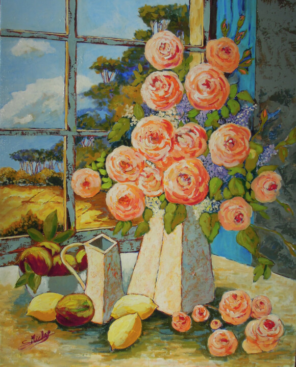 Painting titled "vase devant fenêtre" by Gérard Michel, Original Artwork, Acrylic Mounted on Wood Stretcher frame