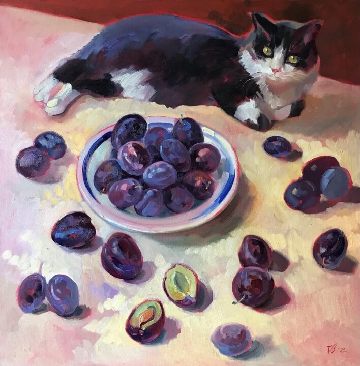 Pflaumen und die Katze 绘画, 23.6x23.6 in