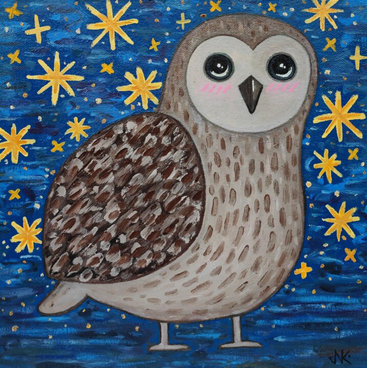 Barn owl and starry sky 绘画, 9.8x9.8 in