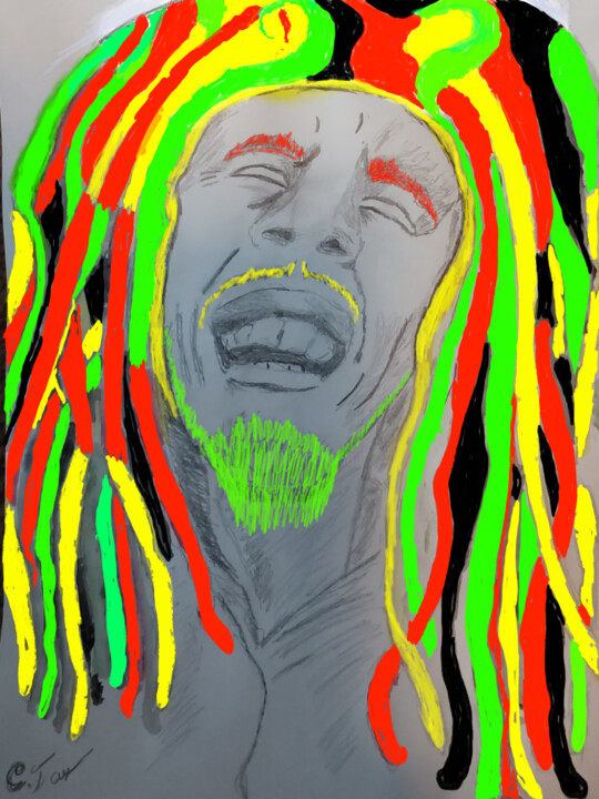 Bob Marley with a Splash of Color (Colored facial hair) Disegno, 12x8 in