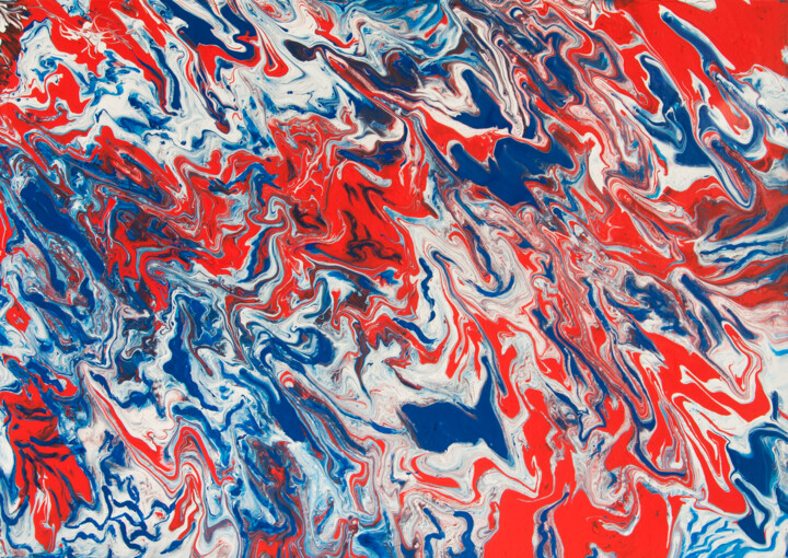 Abstract fluid art white, blue and red 2 绘画, 19.7x27.6 in