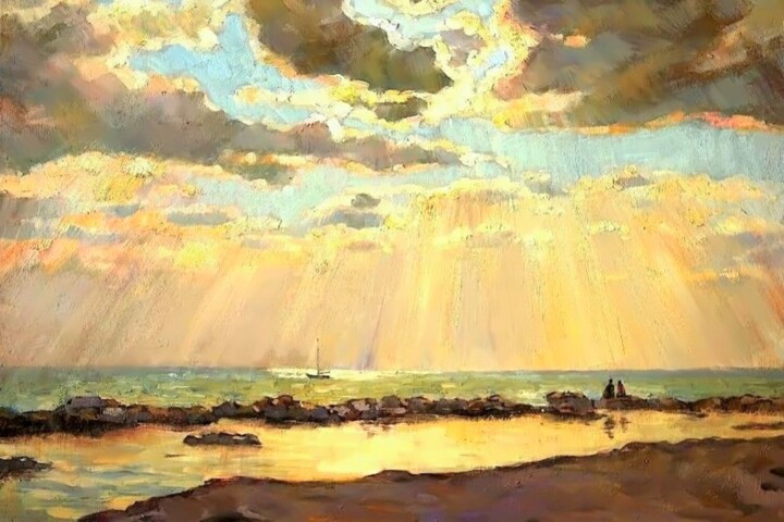 Painting titled "Meeting by the sea." by Lara Vald, Original Artwork, Oil Mounted on Wood Stretcher frame