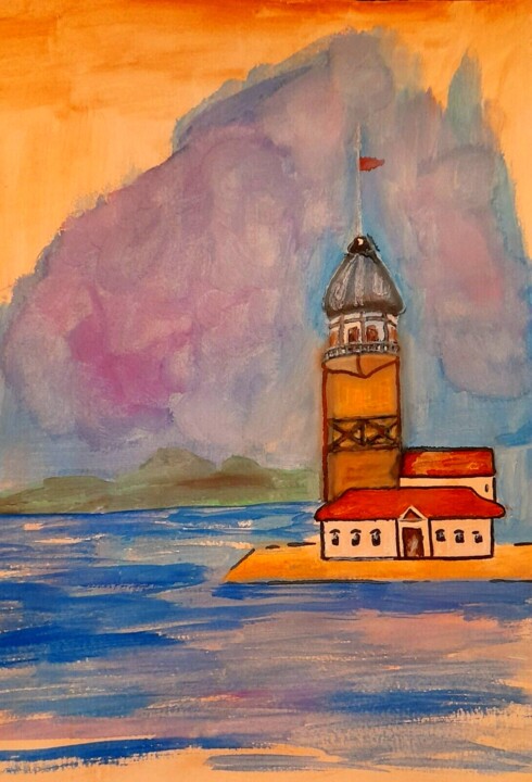 İstanbul Watercolor Art Maiden Tower Aquarel 绘画, 13x9.8 in