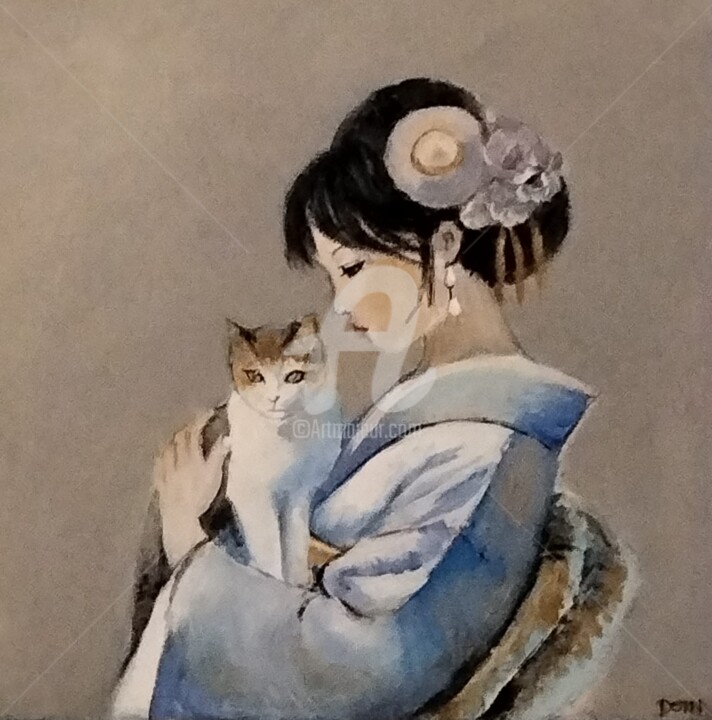 Jeune japonaise au chat 绘画, 11.8x11.8 in