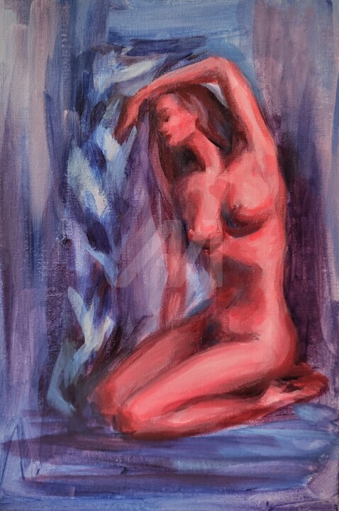 Blue Series In the bedroom Naked woman art 绘画, 11.8x7.9 in