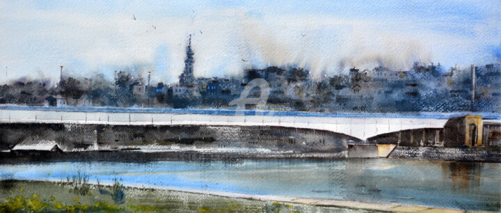 Blue day at Brankos bridge Belgrade 23x54 cm 2024 Tablo, 9,8x21,3 in