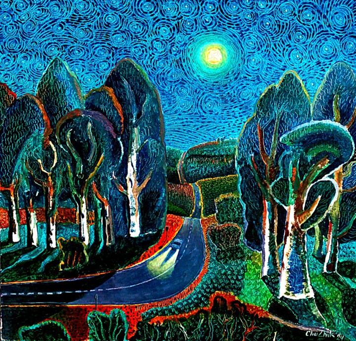 Painting titled "Дорога. Лунная ноч…" by Chuzhik, Original Artwork, Oil