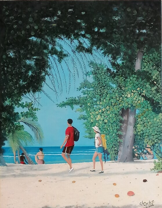 Peinture intitulée "La plage du souffle…" par Charles Corbin, Œuvre d'art originale, Huile Monté sur Châssis en bois