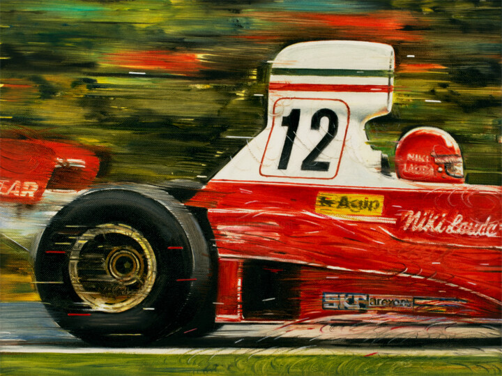 NIKI LAUDA FERRARI 312 T, F1 1975 Painting, 11.8x15.8 in