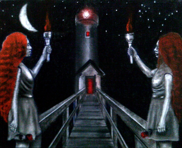 Призрачный маяк. Близнецы 绘画, 15.8x19.7 in