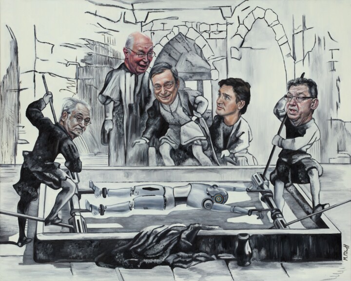 Painting titled "The bed of Procrust…" by Maria Petroff, Original Artwork, Oil Mounted on Wood Stretcher frame
