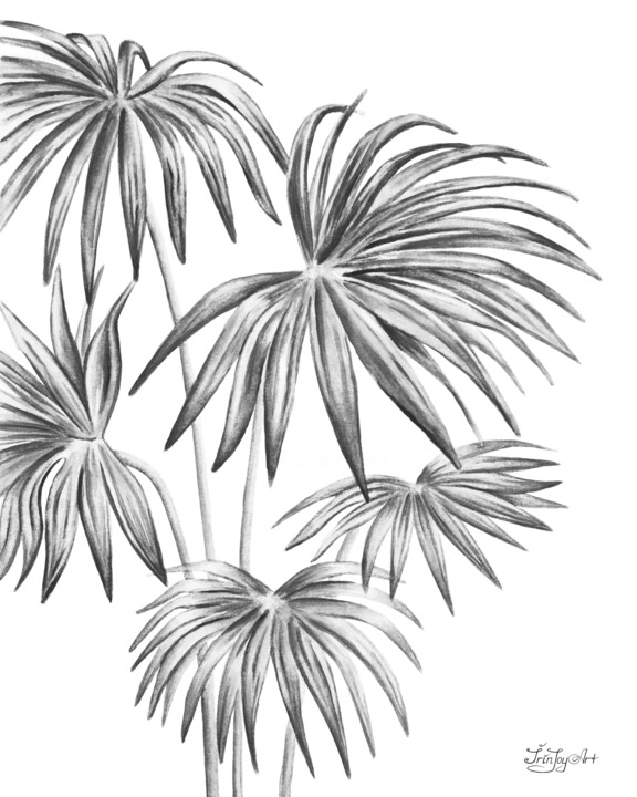 Palm tree leaves wall art Black white lighthouse coastal Painting, 10x8 in