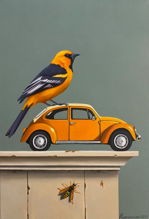 STILL LIFE WITH BIRD AND YELLOW CAR 绘画, 13.8x9.5 in