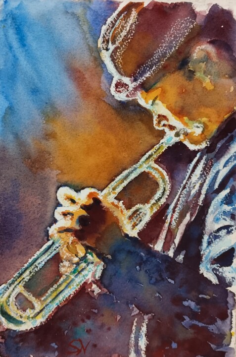 Trompet player 绘画, 11.4x7.5 in