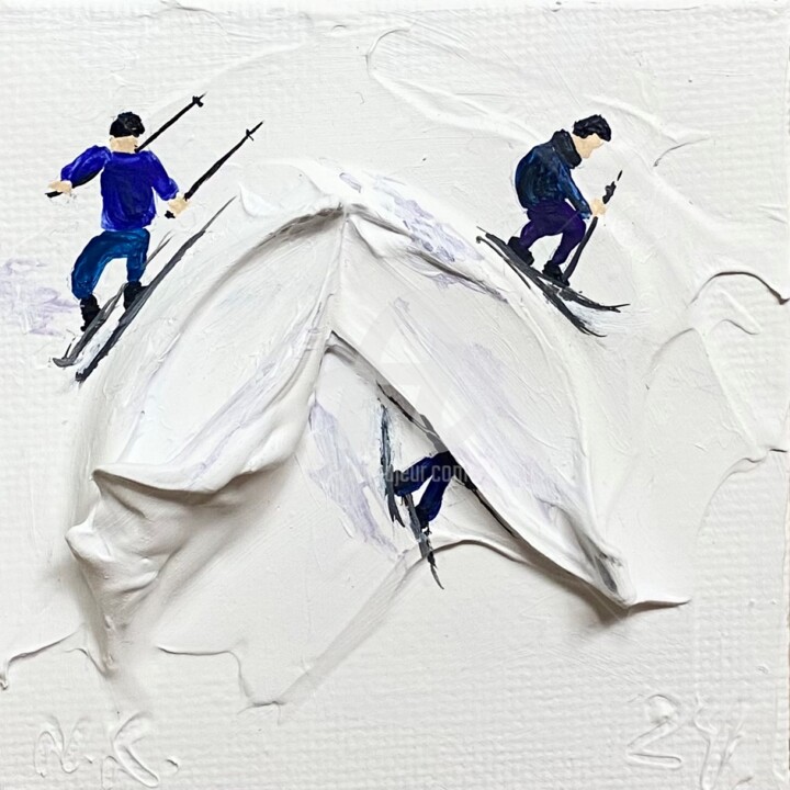 Series "Alpine Skiing, Snowboarding" 3D plaster winter 绘画, 2.8x2.8 in