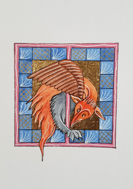 Medieval dragon, medieval monster, medieval miniature 图画, 5.7x4.1 in