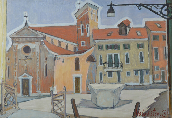 Church and square 绘画, 15.8x23.6 in