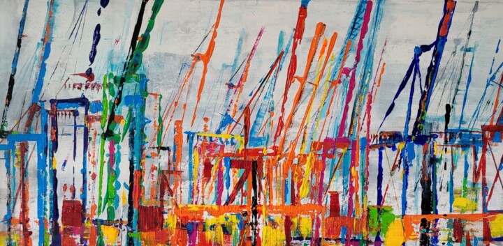 Hamburg Hafenimpressionen 17: Tanzende Kräne. 绘画, 15.8x31.5 in