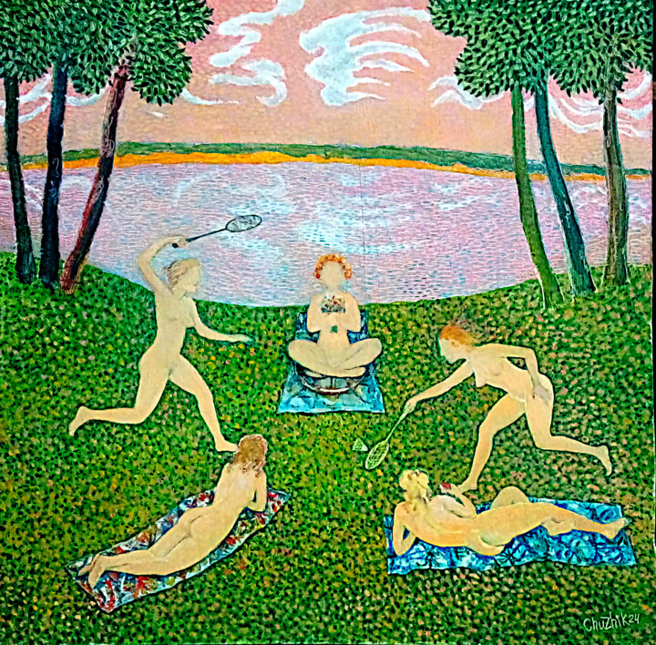 Painting titled "Бадминтон" by Chuzhik, Original Artwork, Oil