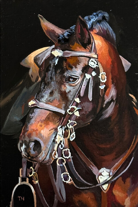 Miniature "Brown horse in harness portrait" 绘画, 5.9x3.9 in