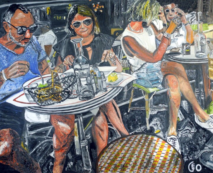 Au café. Paris. 绘画, 31.5x39.4 in