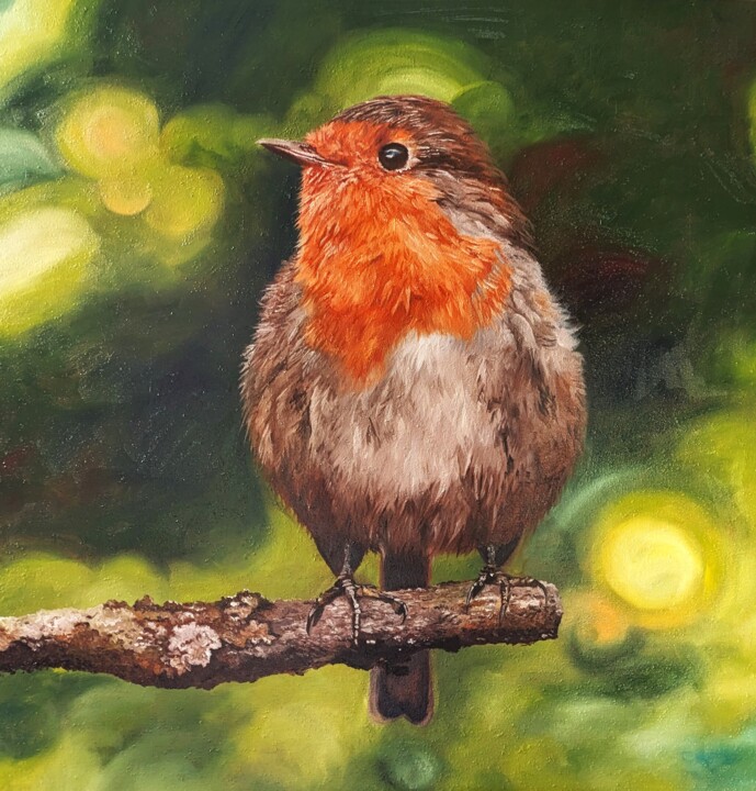 Huile sur Toile "Monsieur Rouge gorge" 绘画, 27.6x27.6 in