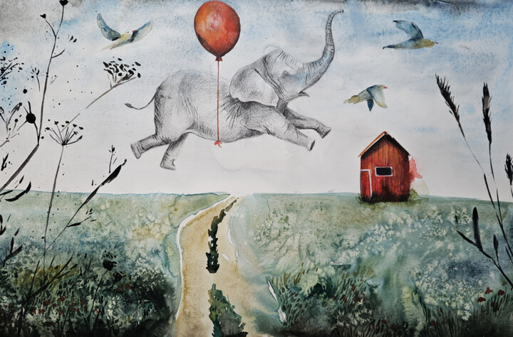Elefante volante 绘画, 15x22.1 in