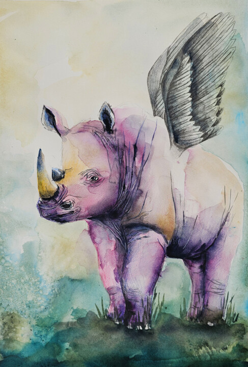 Rinoceronte Rosa 绘画, 22.1x15 in