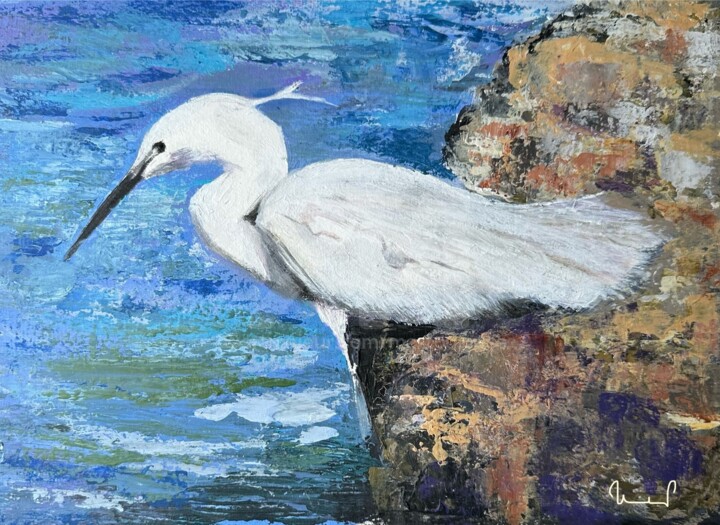 Aigrette garzette 绘画, 9.5x12.6 in