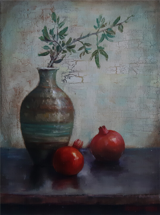 POMEGRANATES AND POTTERY 绘画, 15.8x11.8 in