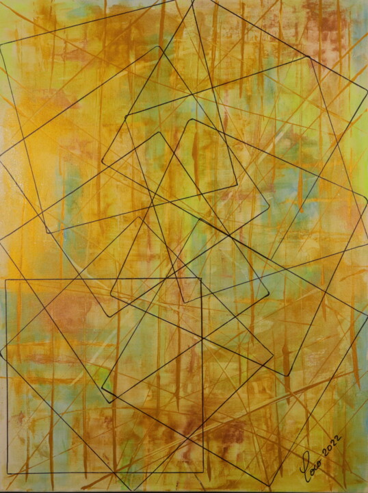 Painting titled "GOLDEN GEOMETRY" by Coco, Original Artwork, Acrylic Mounted on Wood Stretcher frame