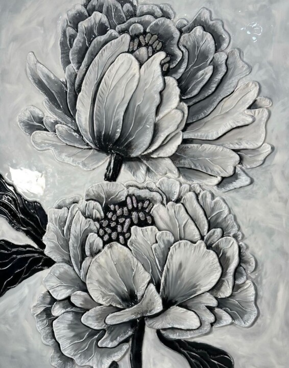 Peinture intitulée "“Royal Peonies” 3D…" par Inna Levchenko, Œuvre d'art originale, Acrylique Monté sur Châssis en bois