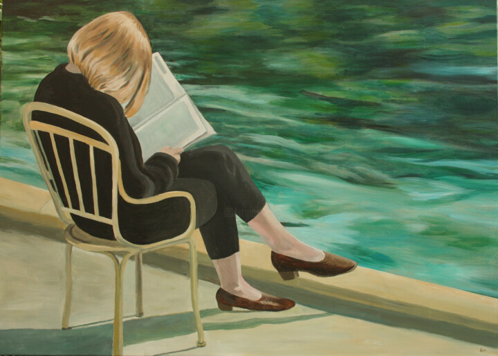 Am Fluss lesend 绘画, 27.6x39.4 in