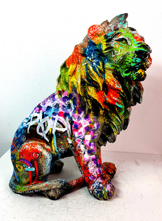 Urban Pop Art Lion Sculpture Résine Statue Graffiti Unique 雕塑, 12.6x9.1 in
